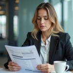 Jeune femme lisant une brochure de prêt auto dans une banque