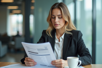 Jeune femme lisant une brochure de prêt auto dans une banque