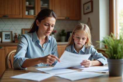 Femme et fille examinant des documents à la maison