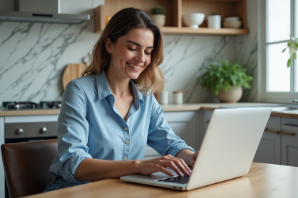 Femme méditerranéenne souriante devant son ordinateur dans la cuisine