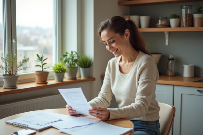 Femme souriante vérifiant son relevé bancaire à la maison