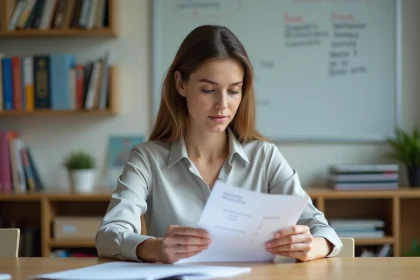 Femme en blouse regardant un bulletin de salaire dans une salle moderne