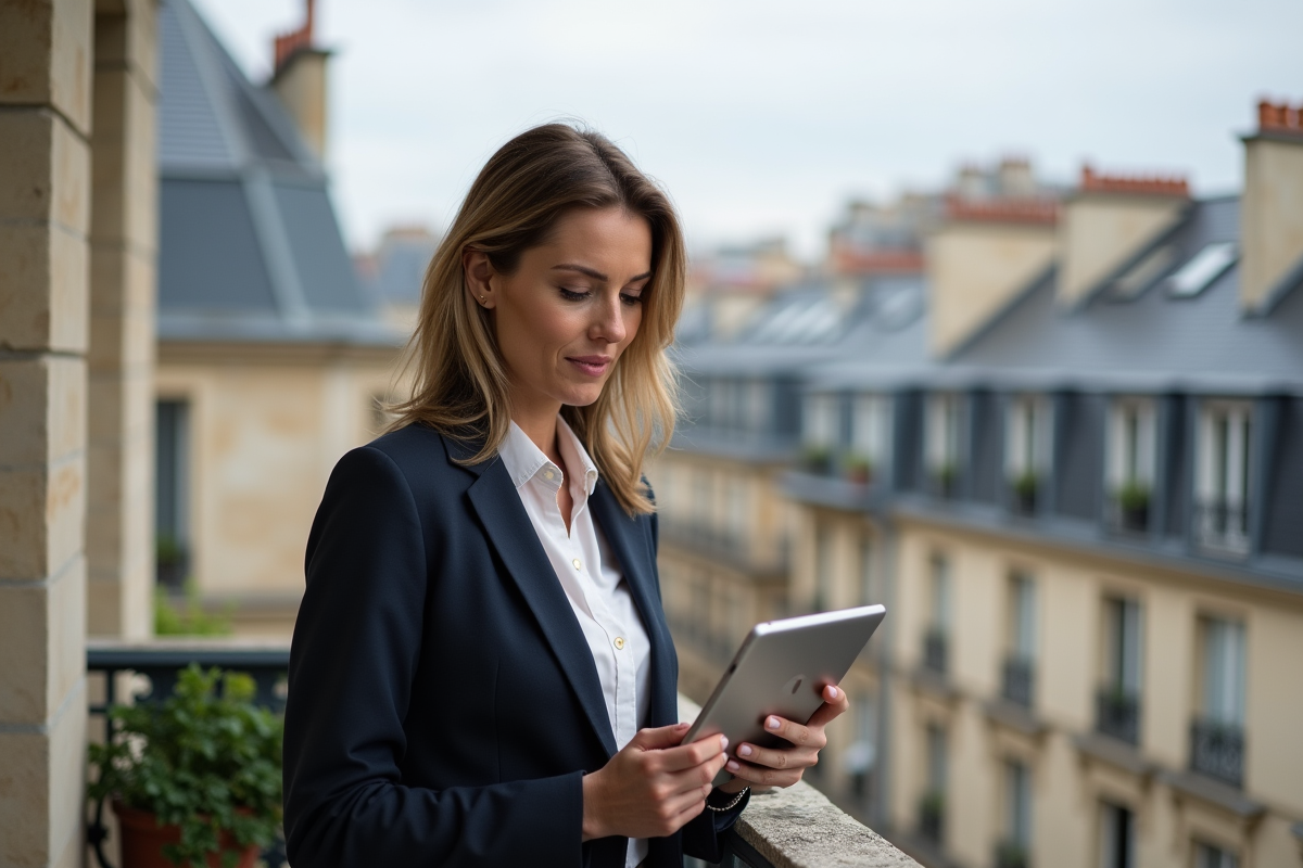 Femme française regardant une tablette sur un balcon parisien