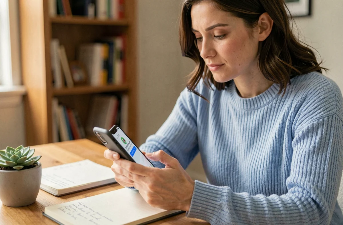 Femme partageant une cagnotte solidaire sur son smartphone depuis son bureau à domicile