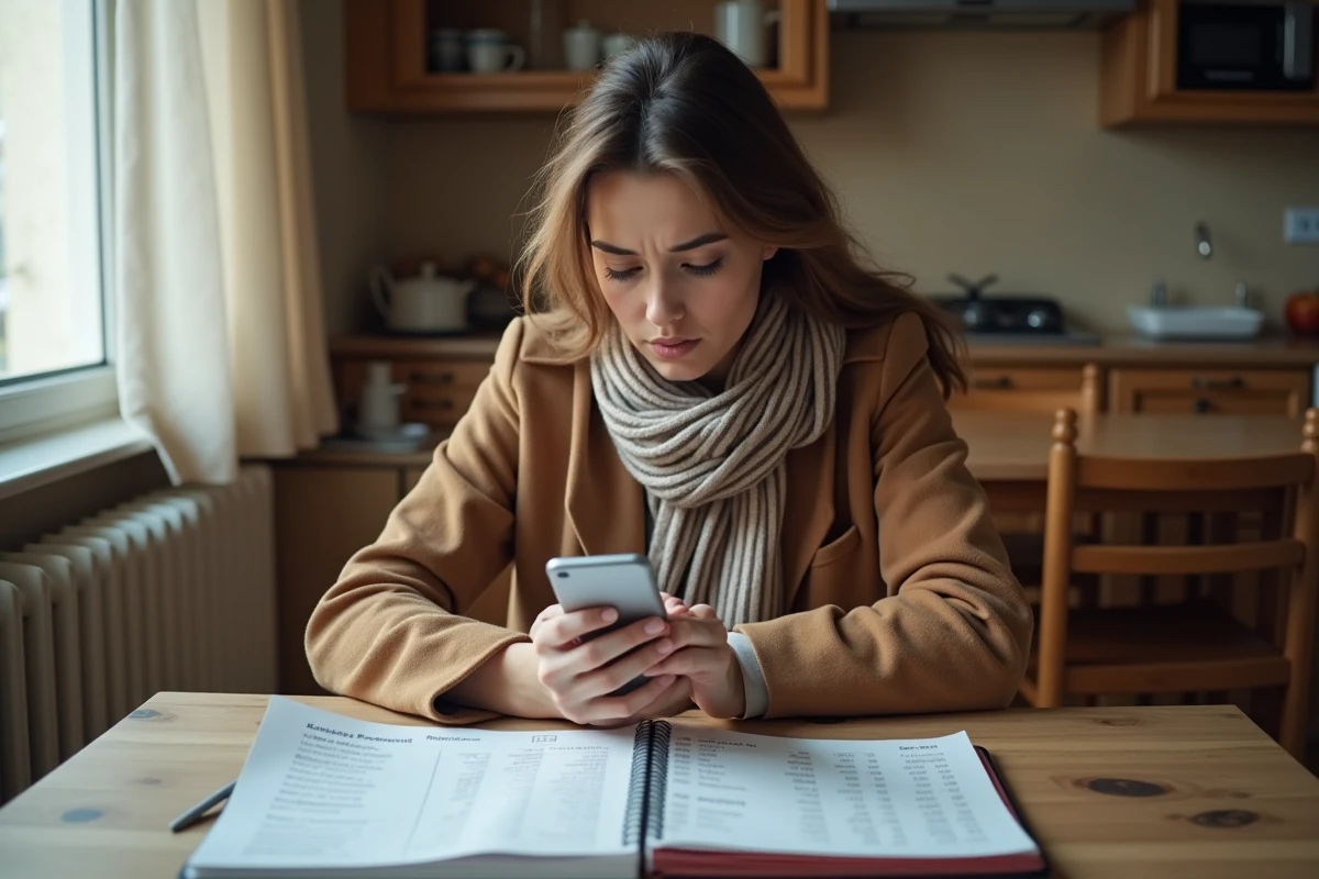 Jeune femme consultant son plafond de retrait Banque Postale sur smartphone avec des relevés bancaires sur table
