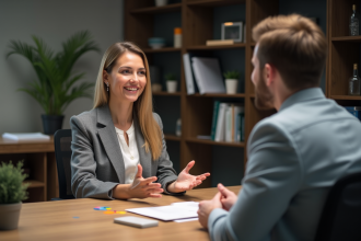 Femme en blazer discutant avec un vendeur au bureau