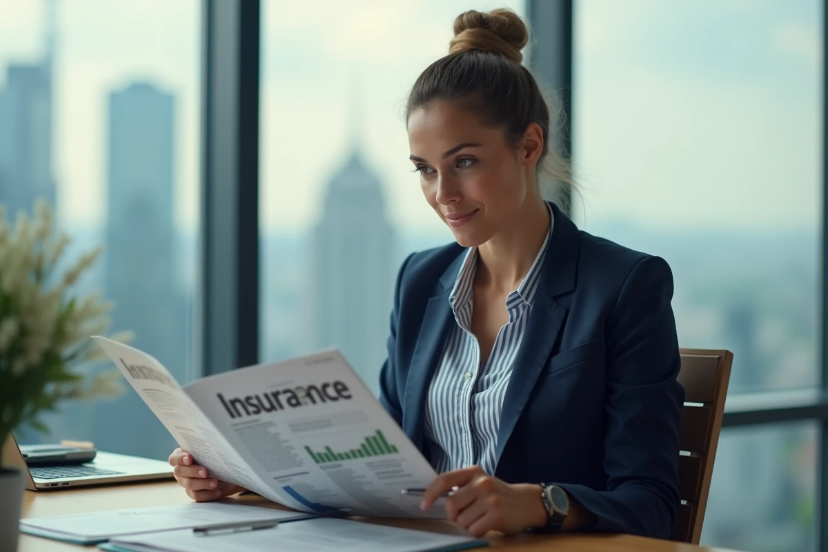 Femme professionnelle lisant un magazine d'assurance au bureau