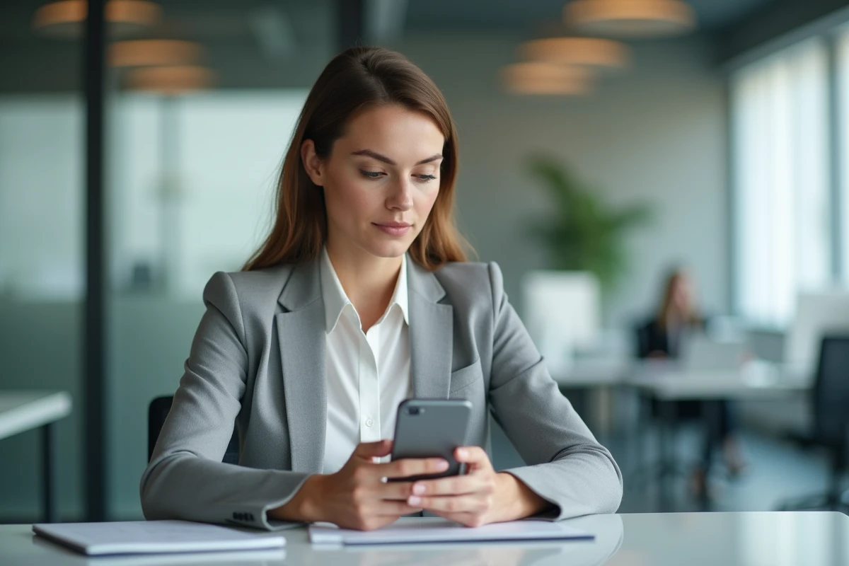 Femme professionnelle utilisant un service bancaire SG sur son smartphone sans passer par l'application mobile