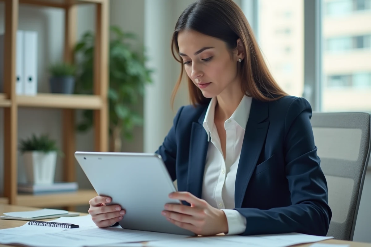 Femme professionnelle examinant des reçus et une tablette en bureau moderne