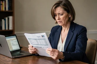 Femme consultant un relevé bancaire Crédit Agricole pour contester un débit non autorisé