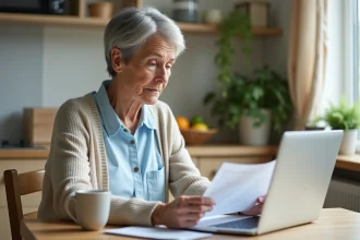 Femme âgée examinant des documents de retraite dans une cuisine lumineuse