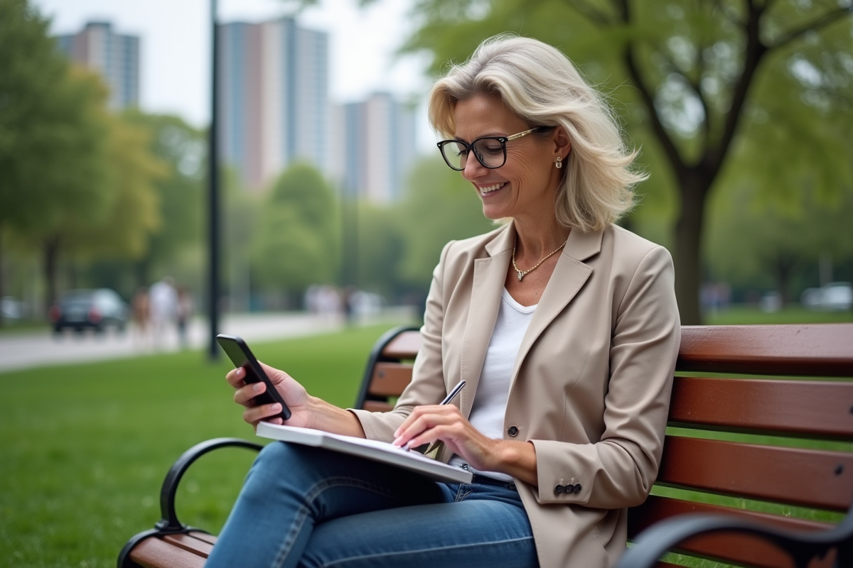 Femme regardant son budget en plein air sur un banc