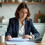 Femme d'âge moyen examine documents dans une cuisine lumineuse