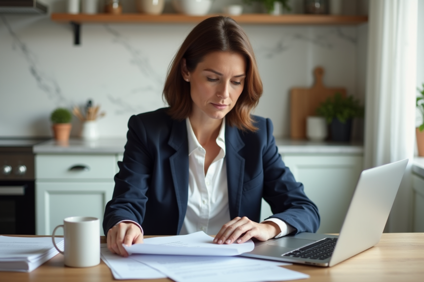 Femme d'âge moyen examine documents dans une cuisine lumineuse
