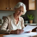 Femme d'environ cinquante ans lisant des documents dans la cuisine