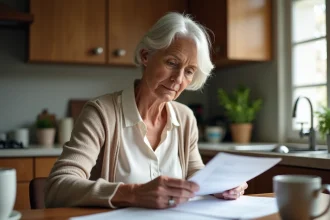 Femme d'environ cinquante ans lisant des documents dans la cuisine
