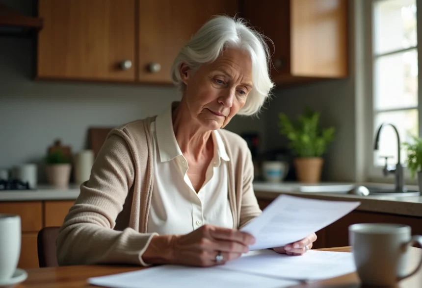 Femme d'environ cinquante ans lisant des documents dans la cuisine