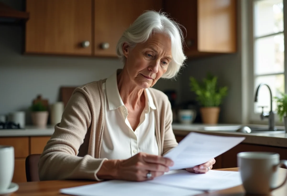 Femme d'environ cinquante ans lisant des documents dans la cuisine