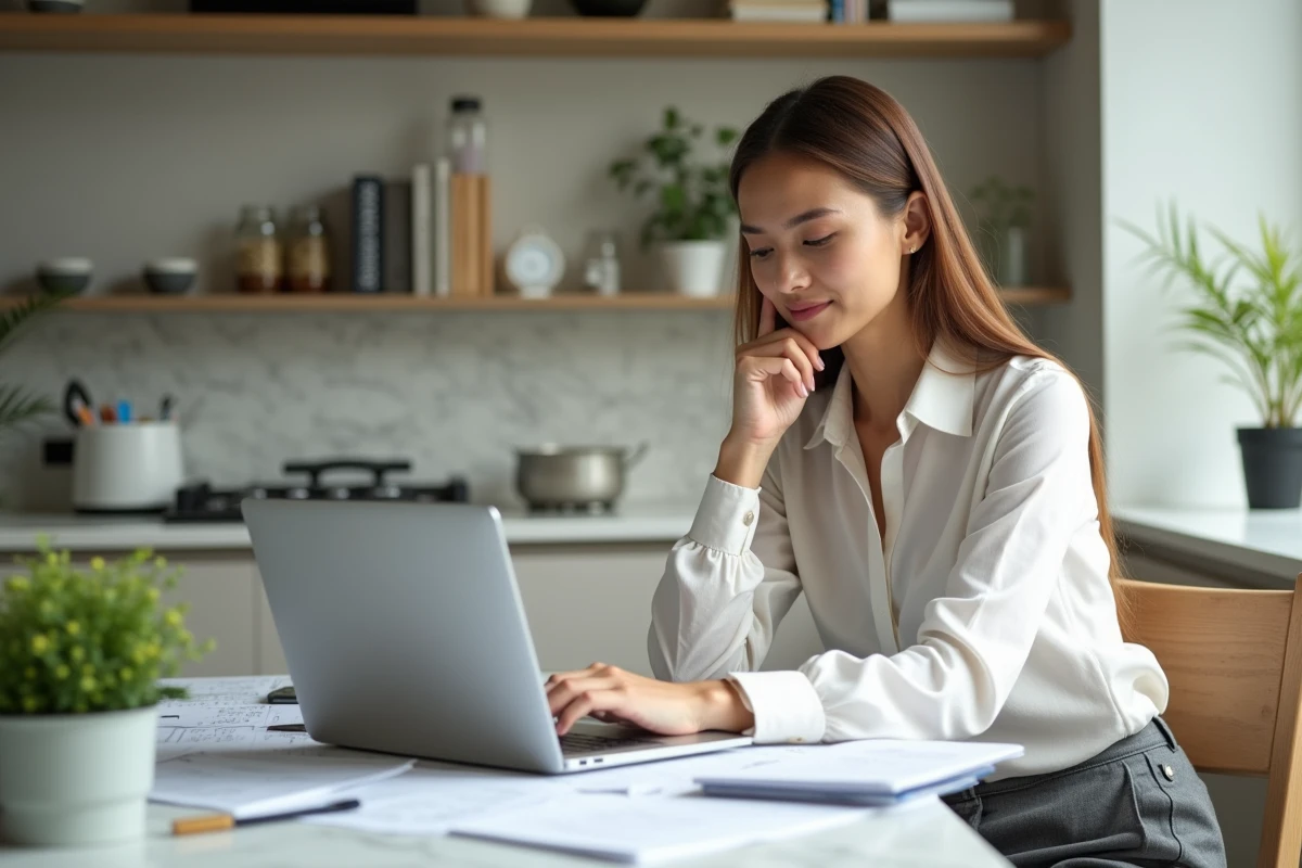 Jeune femme analysant des rapports SCPI sur son ordinateur portable à la maison