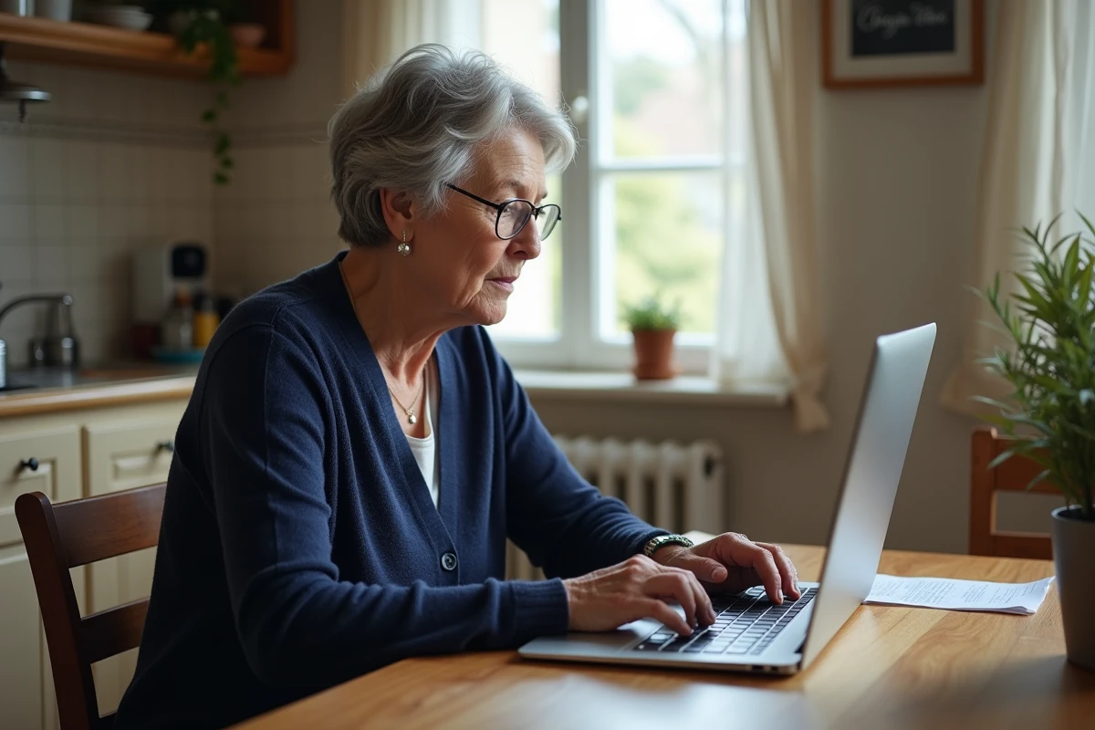 Une femme âgée consulte son compte bancaire en ligne sur un ordinateur portable dans une cuisine chaleureuse, illustrant l'accès numérique simplifié pour les seniors