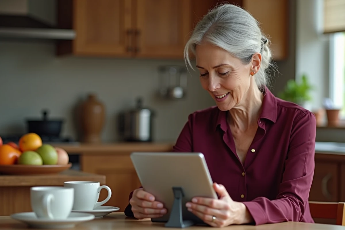 Femme d'une cinquantaine d'années consultant une tablette pour accéder aux services d'assistance financière en ligne depuis sa cuisine