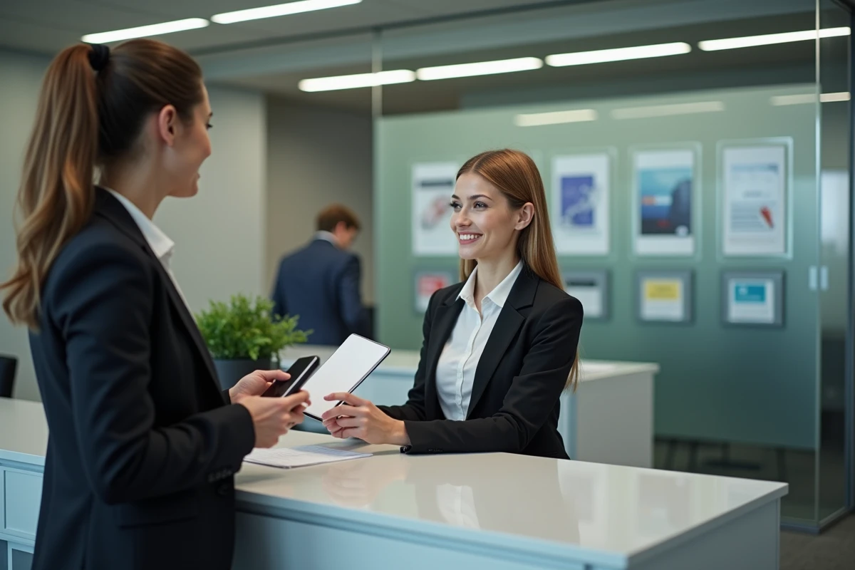 Femme professionnelle remettant un document à un agent bancaire