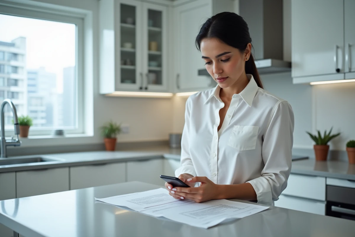 Une femme suit des instructions imprimées pour accéder à son compte bancaire depuis son smartphone dans une cuisine moderne, illustrant l'accompagnement pas à pas pour les débutants du numérique