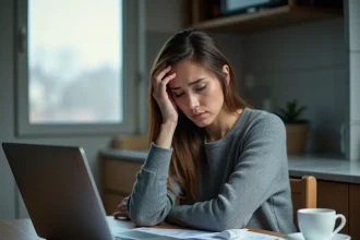 Femme stressée devant son ordinateur portable avec des factures étalées sur la table, illustrant l'attente d'un versement Pôle emploi