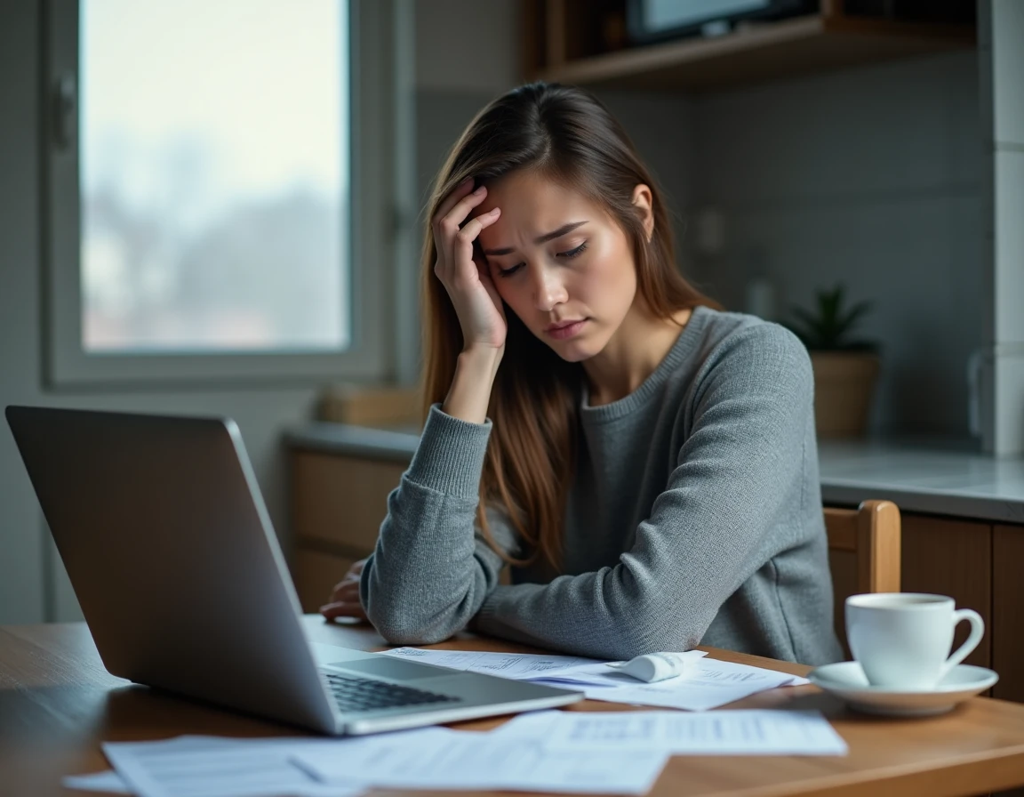 Femme stressée devant son ordinateur portable avec des factures étalées sur la table, illustrant l'attente d'un versement Pôle emploi