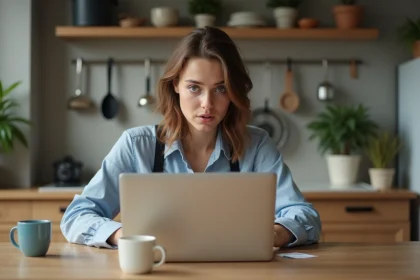 Jeune femme surprise vérifiant ses frais en ligne à la maison