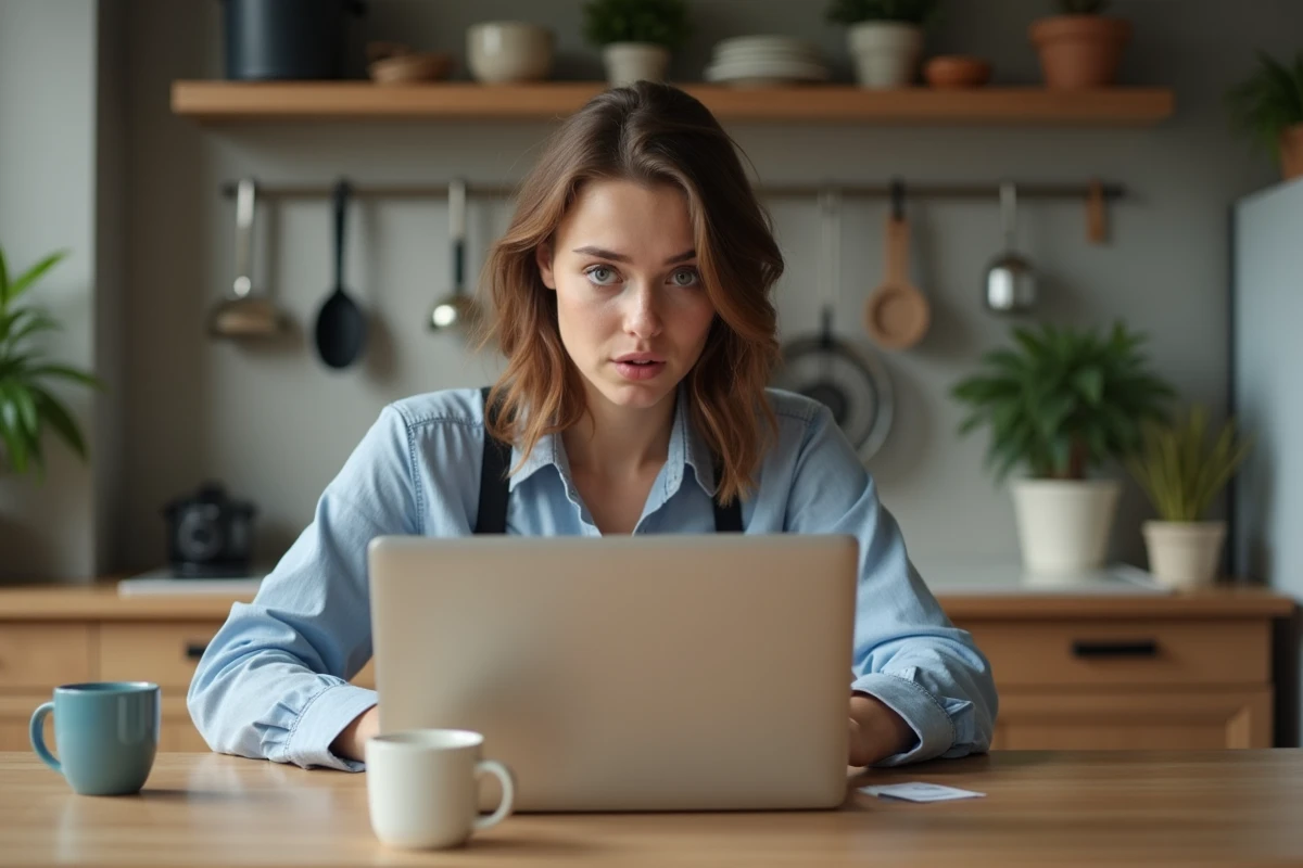 Jeune femme surprise vérifiant ses frais en ligne à la maison