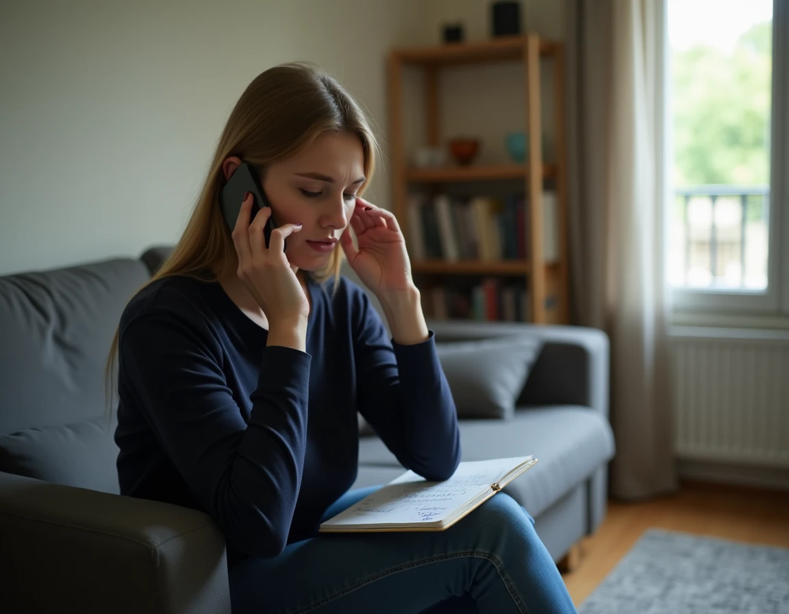 Jeune femme au téléphone prenant des notes sur un carnet, cherchant une solution à un retard de paiement de son allocation chômage Pôle emploi