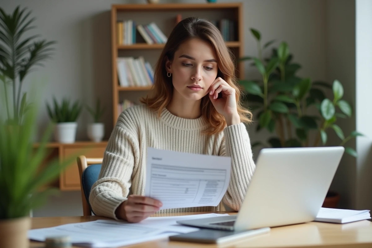 Femme en train de revoir ses formulaires d'impots à domicile