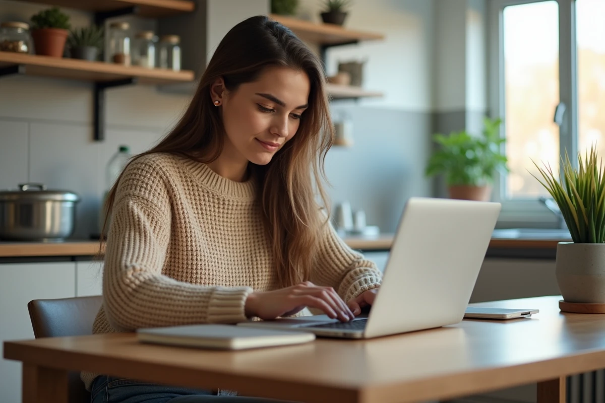 Jeune femme travaillant sur son ordinateur dans une cuisine moderne