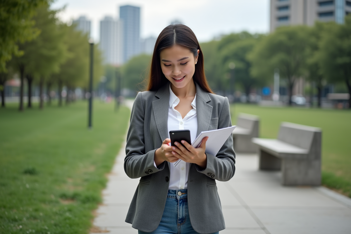 Jeune femme en extérieur utilisant son smartphone dans un parc urbain