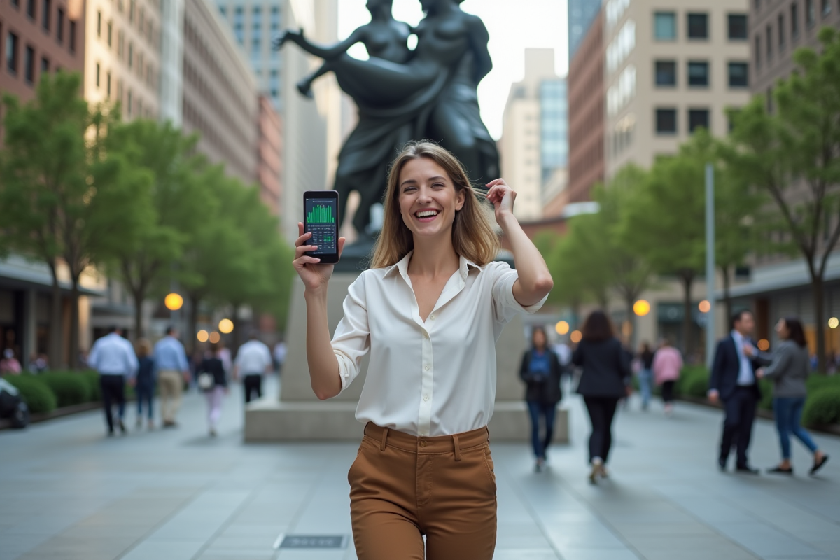 Jeune femme souriante utilisant une application boursière en extérieur