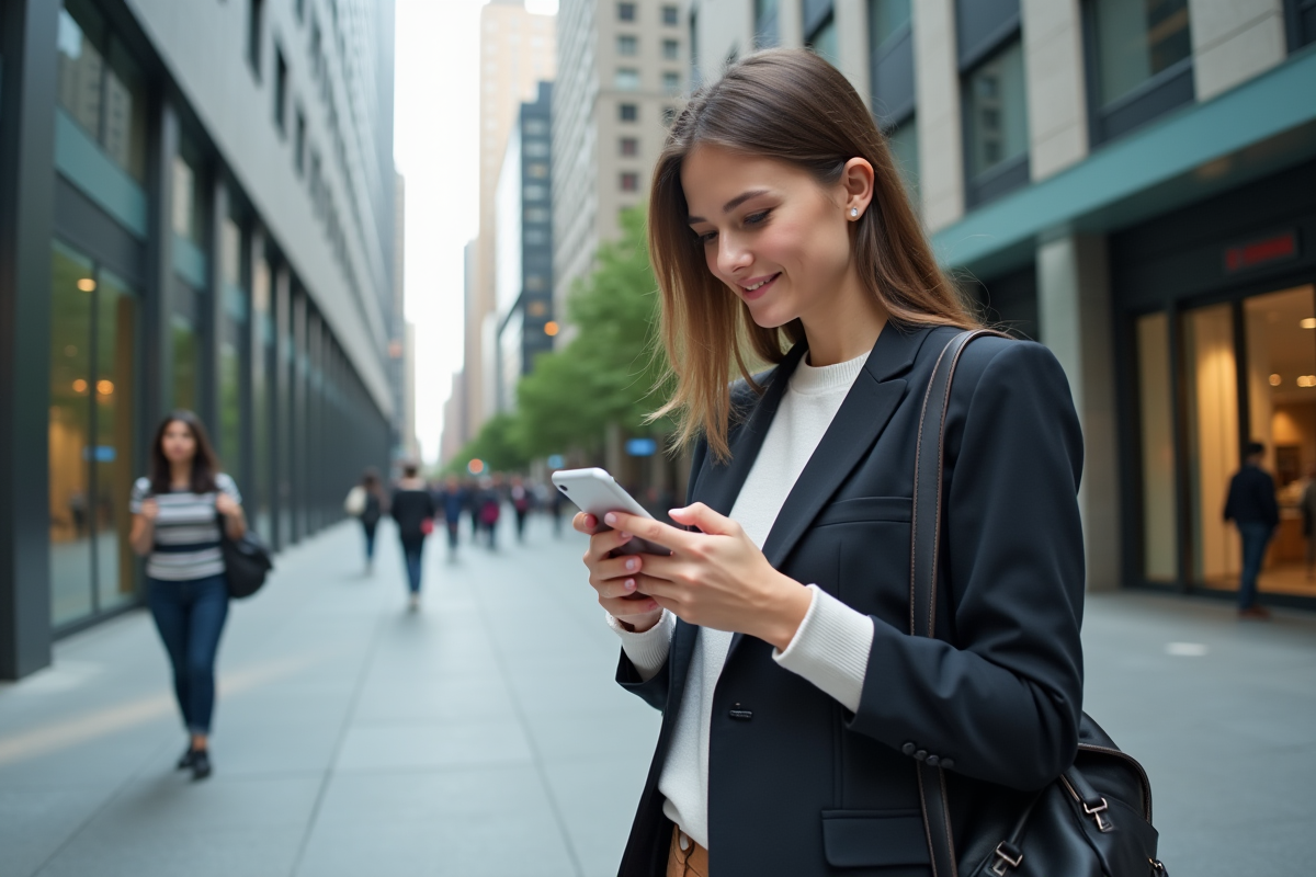 Jeune femme vérifiant ses investissements sur smartphone