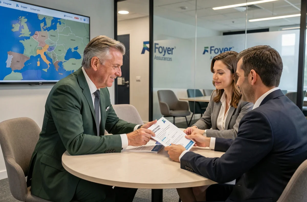 Courtier Foyer Assurances en réunion transfrontalière avec des clients Moselle dans une salle de conférence moderne