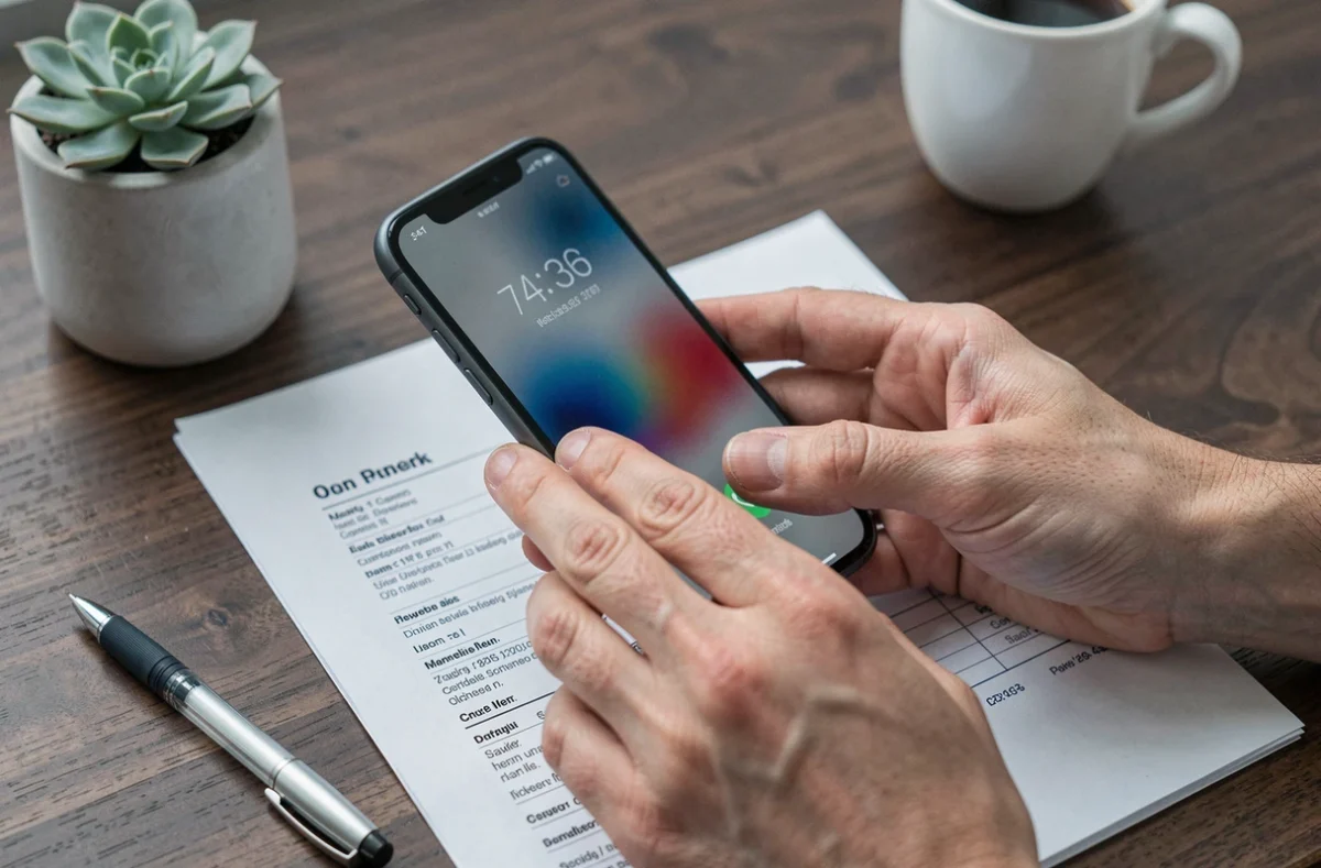 Gros plan sur des mains tenant un smartphone pour appeler le service client Cetelem afin de résilier un crédit renouvelable