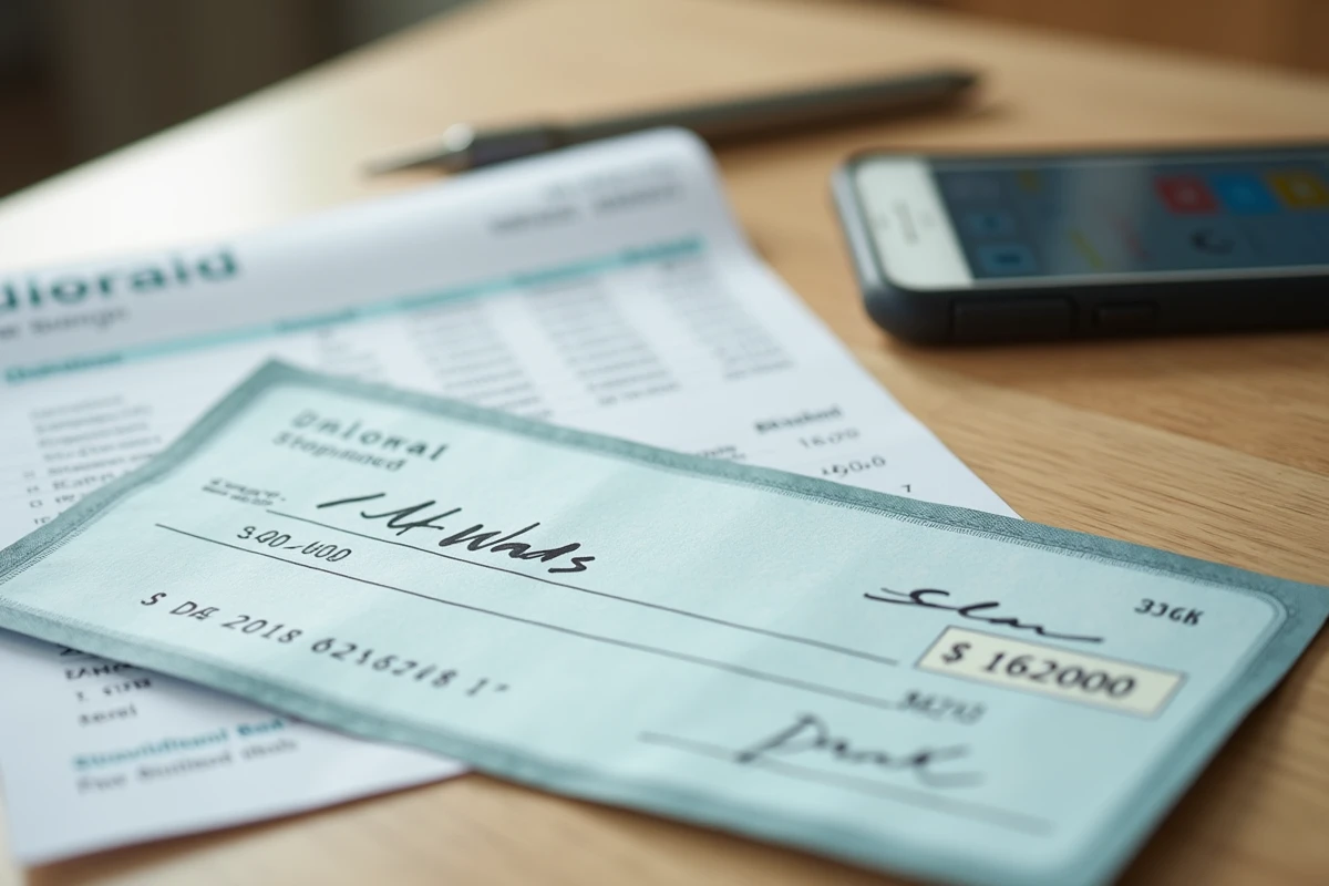Gros plan sur un chèque bancaire et des documents financiers pour sécuriser une grosse somme entre particuliers
