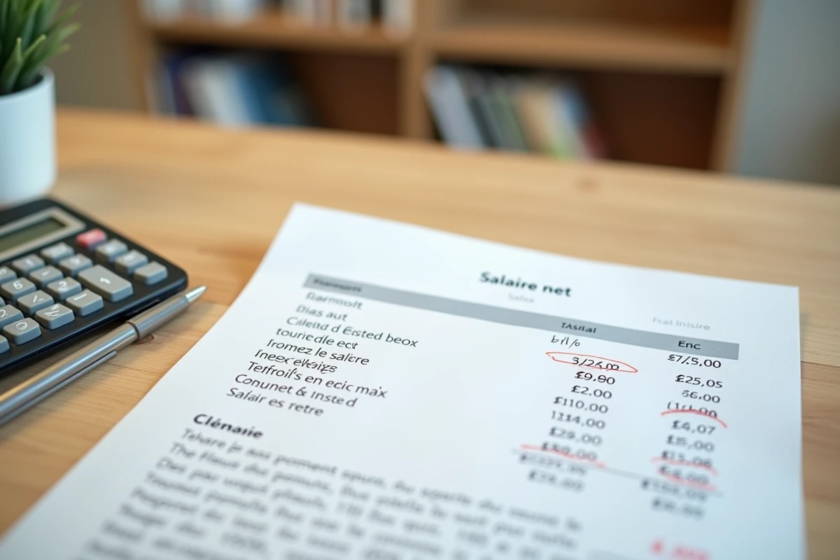 Gros plan sur une fiche de paie française avec salaire net entouré et calculatrice sur un bureau
