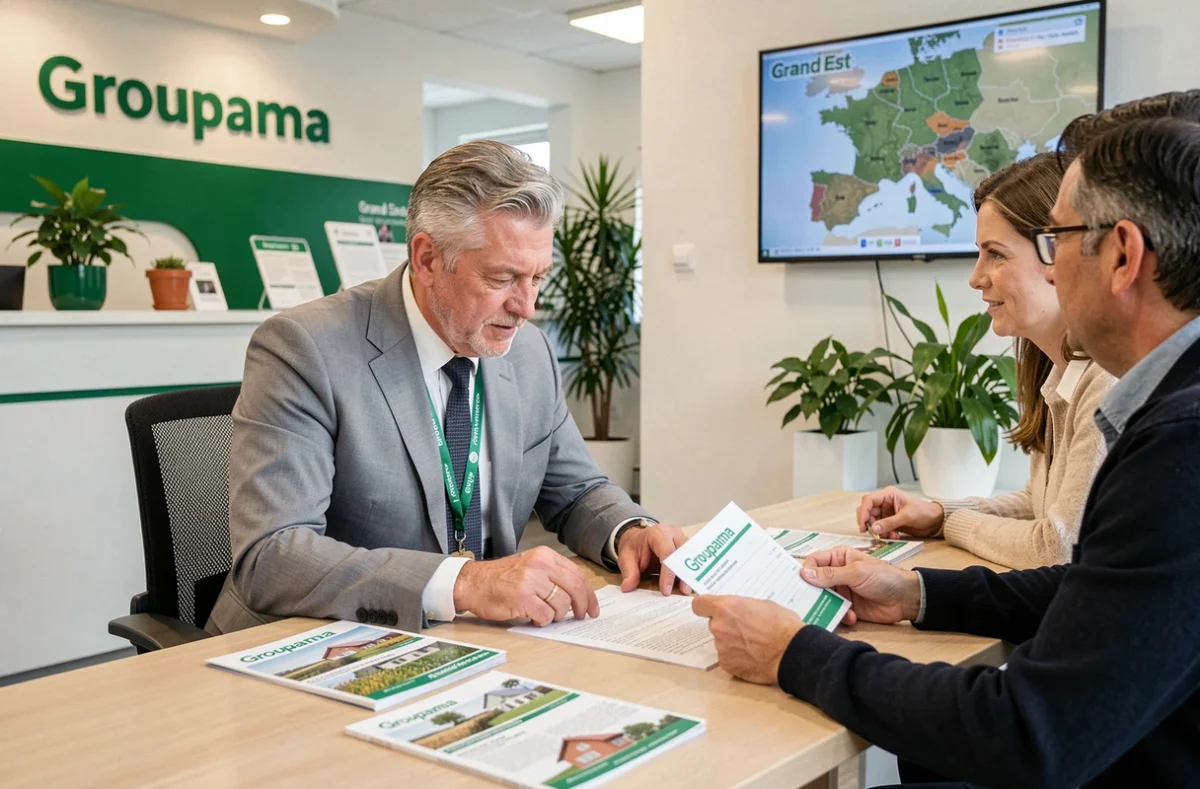 Conseiller Groupama Grand Est présentant des solutions d'assurance à des clients agriculteurs dans une agence régionale