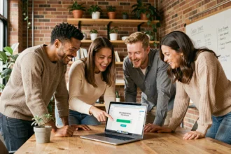 Groupe de personnes souriantes consultant une cagnotte solidaire en ligne sur un ordinateur portable dans un espace de coworking