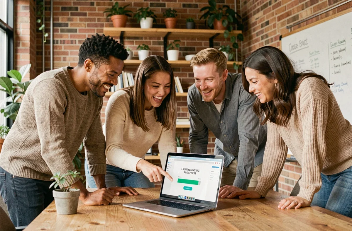 Groupe de personnes souriantes consultant une cagnotte solidaire en ligne sur un ordinateur portable dans un espace de coworking