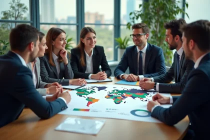 Groupe de professionnels autour d'une carte du monde en réunion