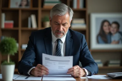Homme d'affaires en costume lisant un relevé bancaire chez lui