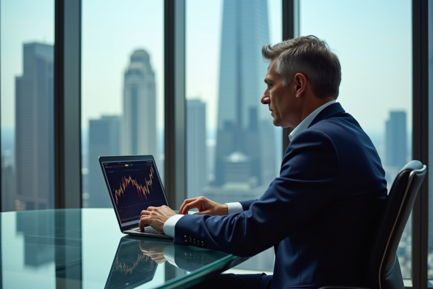Homme d'affaires en costume bleu regardant un graphique boursier
