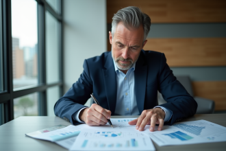 Homme d'affaires en costume analysant un rapport financier