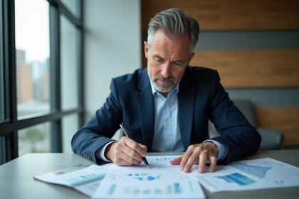 Homme d'affaires en costume analysant un rapport financier