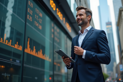 Homme d'affaires en costume navy devant un tableau boursier